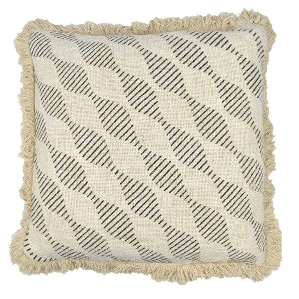 Cushions | Feather Filled | Karla | Cotton 50cm x 50cmD | Natural w Fringed Edge & Soft Black Print
